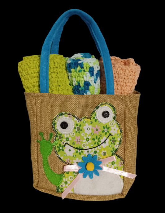 Dishcloth Set with Burlap Frog Bag