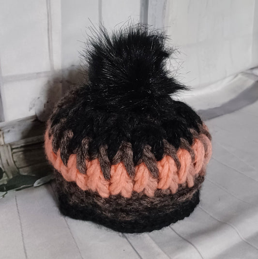 Child's Black & Peach Pom-Pom Hat